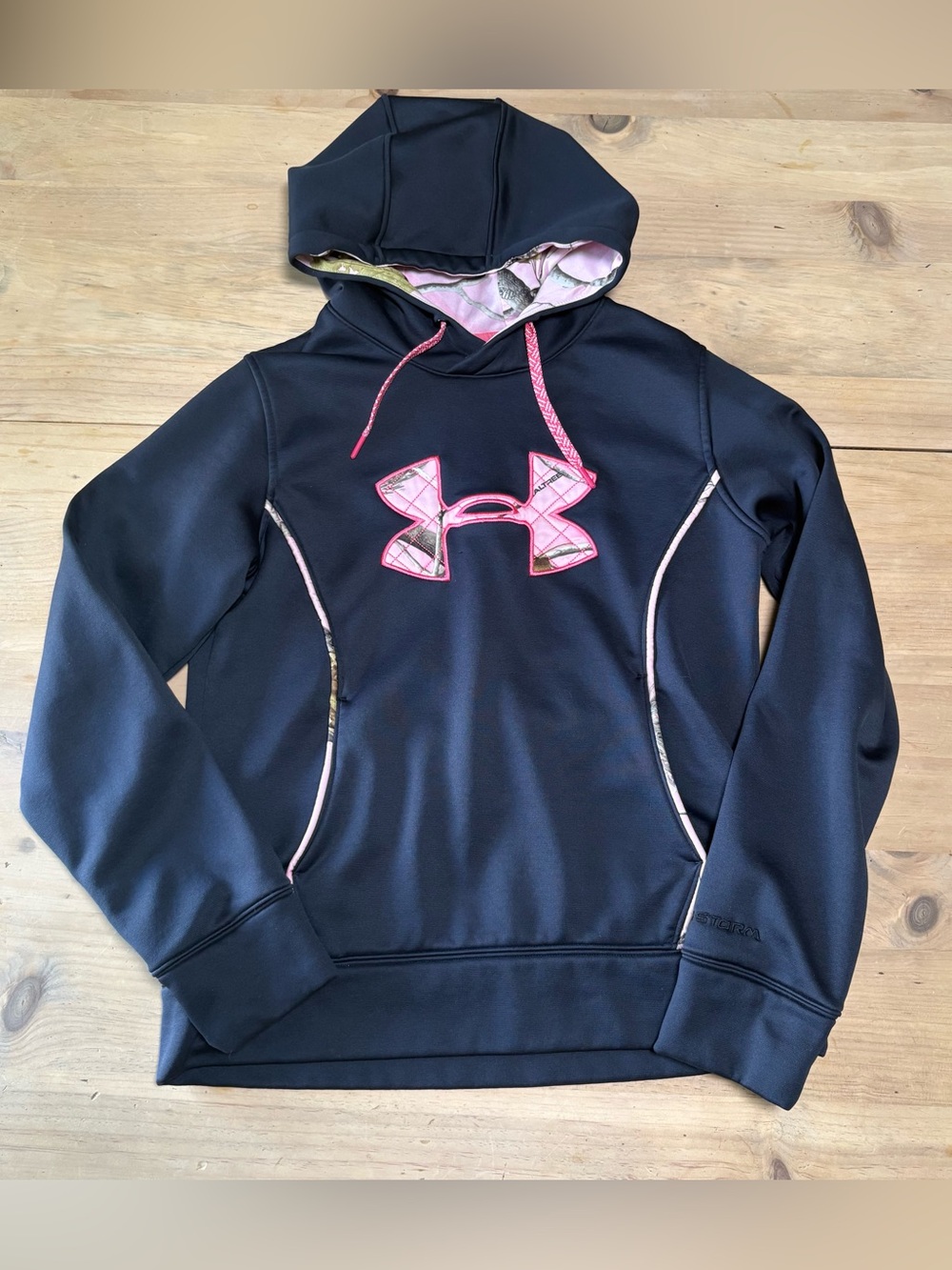 Under Armour Black Hoodie with Pink Logo and Camo Trim